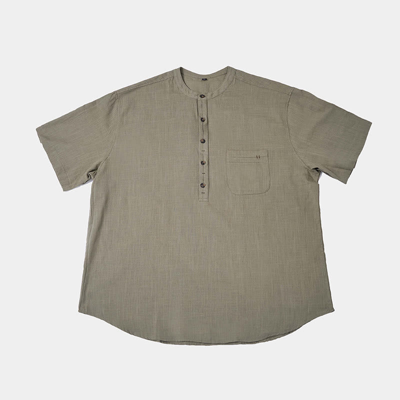 Buddha Stonesメンズ 夏 無地 半袖 ハーフボタン コットンリネン シャツ - image 5