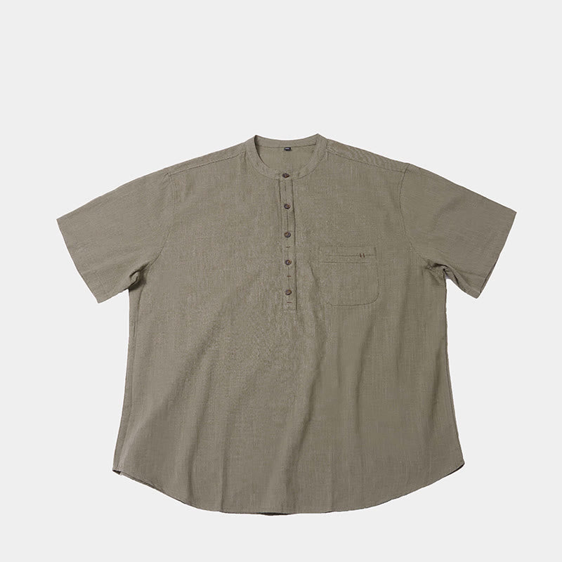 Buddha Stonesメンズ 夏 無地 半袖 ハーフボタン コットンリネン シャツ - image 6