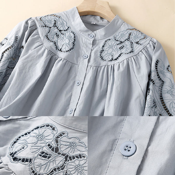 Buddha Stonesカジュアル刺繍フラワーホールデザイン七分袖コットンリネンレディースシャツ - image 11