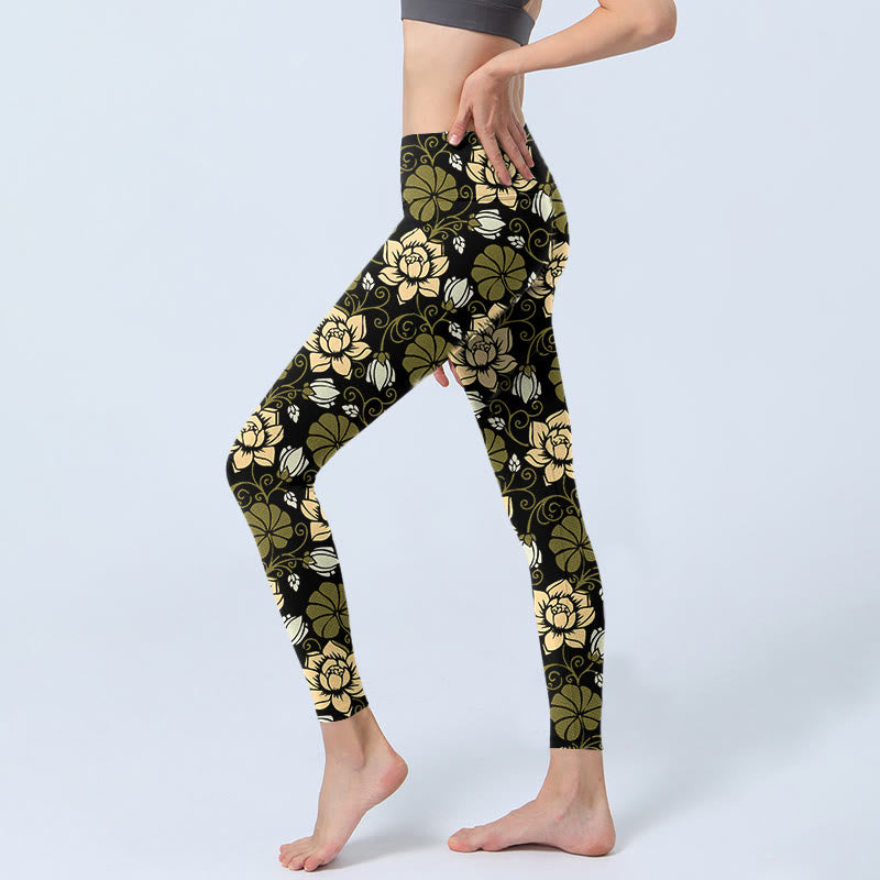 Buddha Stones、黄色の花、緑の葉のプリントジムフィットネスレギンスレディースヨガパンツ - image 3