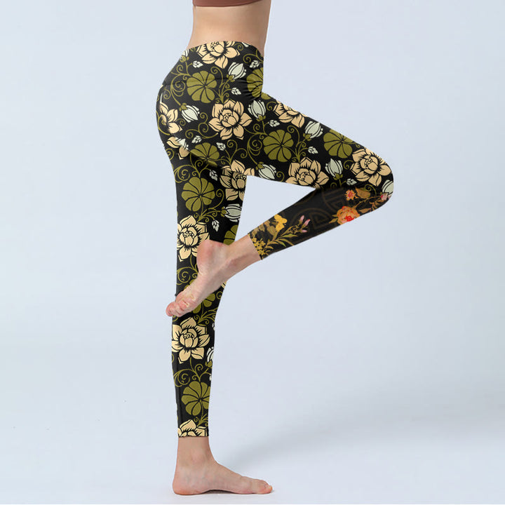 Buddha Stones、黄色の花、緑の葉のプリントジムフィットネスレギンスレディースヨガパンツ - image 4