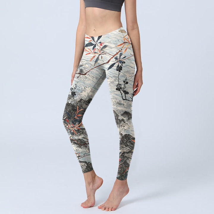 Buddha Stones、波、岩、木々のプリントジムフィットネスレギンスレディースヨガパンツ - ベージュ - US18、 UK/AU22、 EU50 (4XL) - image 1
