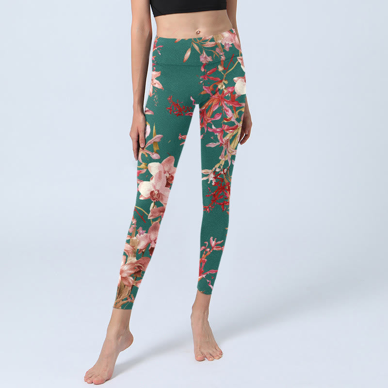 Buddha Stones、グリーン、ピンクの花柄プリント、ジムフィットネスレギンス、レディースヨガパンツ - image 6