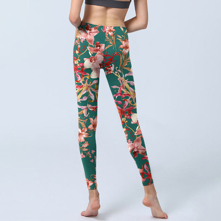 Buddha Stones、グリーン、ピンクの花柄プリント、ジムフィットネスレギンス、レディースヨガパンツ - image 7