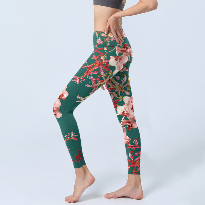 Buddha Stones、グリーン、ピンクの花柄プリント、ジムフィットネスレギンス、レディースヨガパンツ - image 3