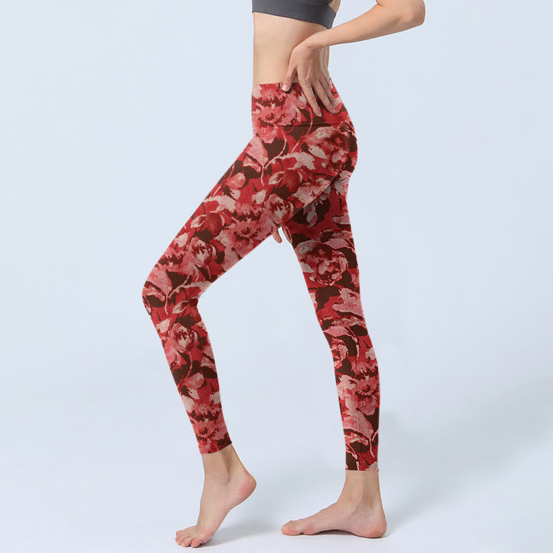 Buddha Stonesレッドフラワープリントスポーツフィットネスレギンスレディースヨガパンツ - image 3