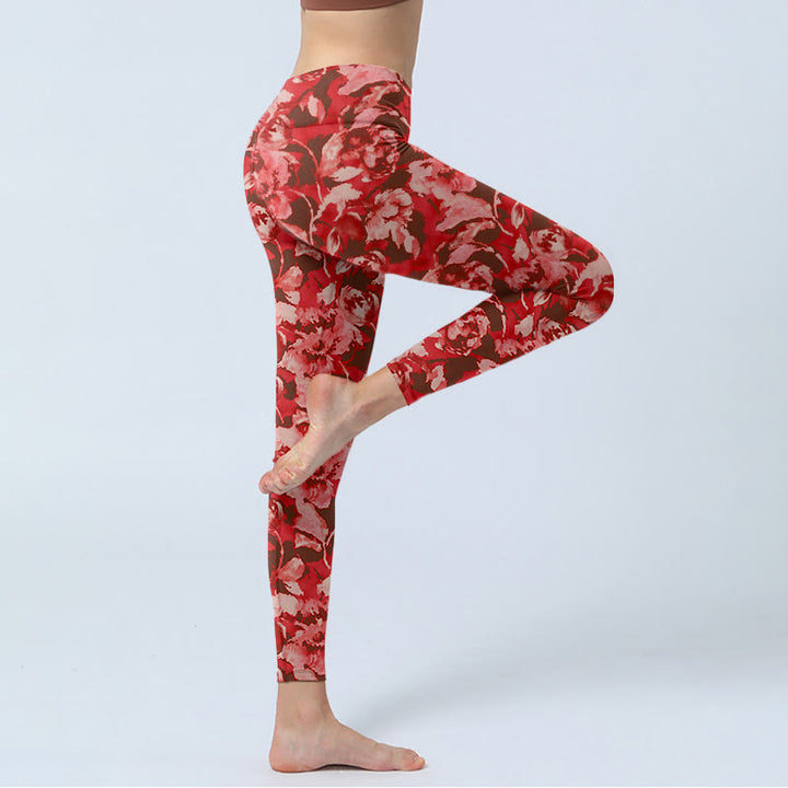 Buddha Stonesレッドフラワープリントスポーツフィットネスレギンスレディースヨガパンツ - image 4