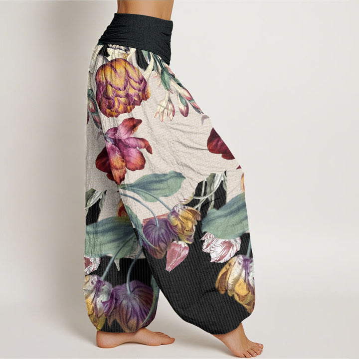 Buddha Stones、チューリップ、緑の葉のデザイン、レディース 伸縮性ウエスト ハーレムパンツ - image 3