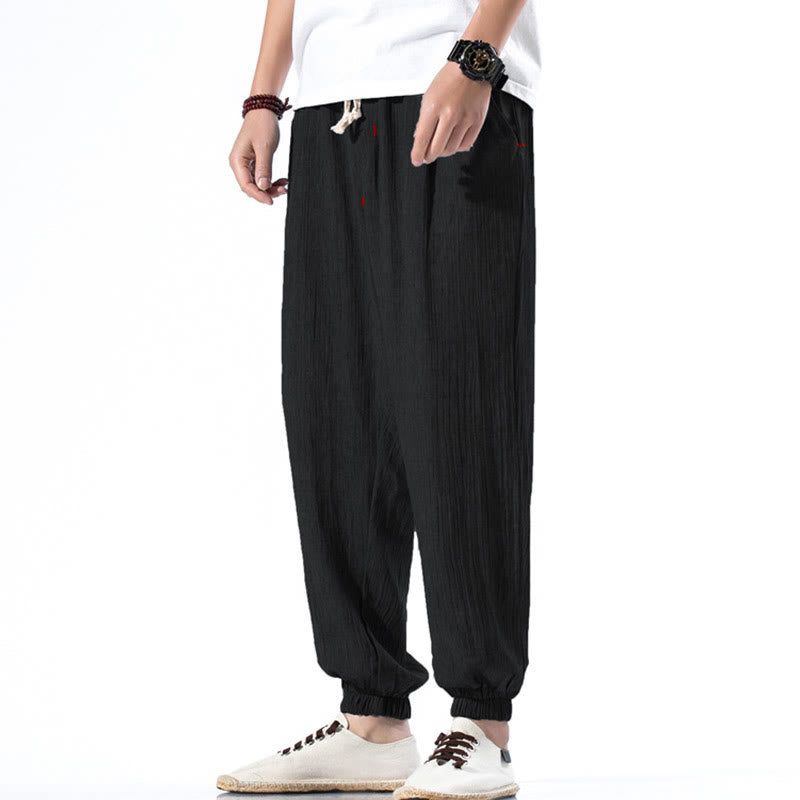 Buddha Stonesカジュアル 無地 ドローストリング リネン メンズ パンツ ポケット付き - 黒 - US/UK/AU46、 EU56 (5XL) - image 9