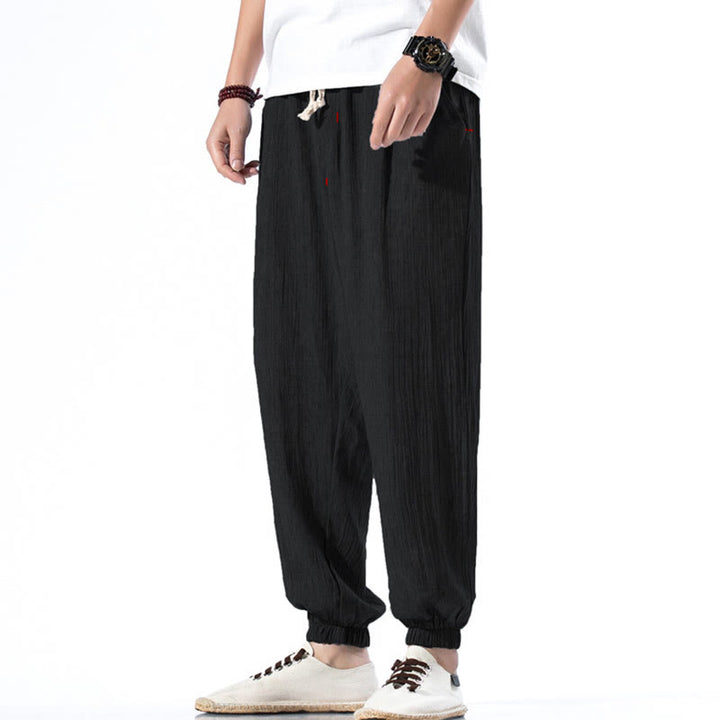 Buddha Stonesカジュアル 無地 ドローストリング リネン メンズ パンツ ポケット付き - 黒 - US/UK/AU46、 EU56 (5XL) - image 10