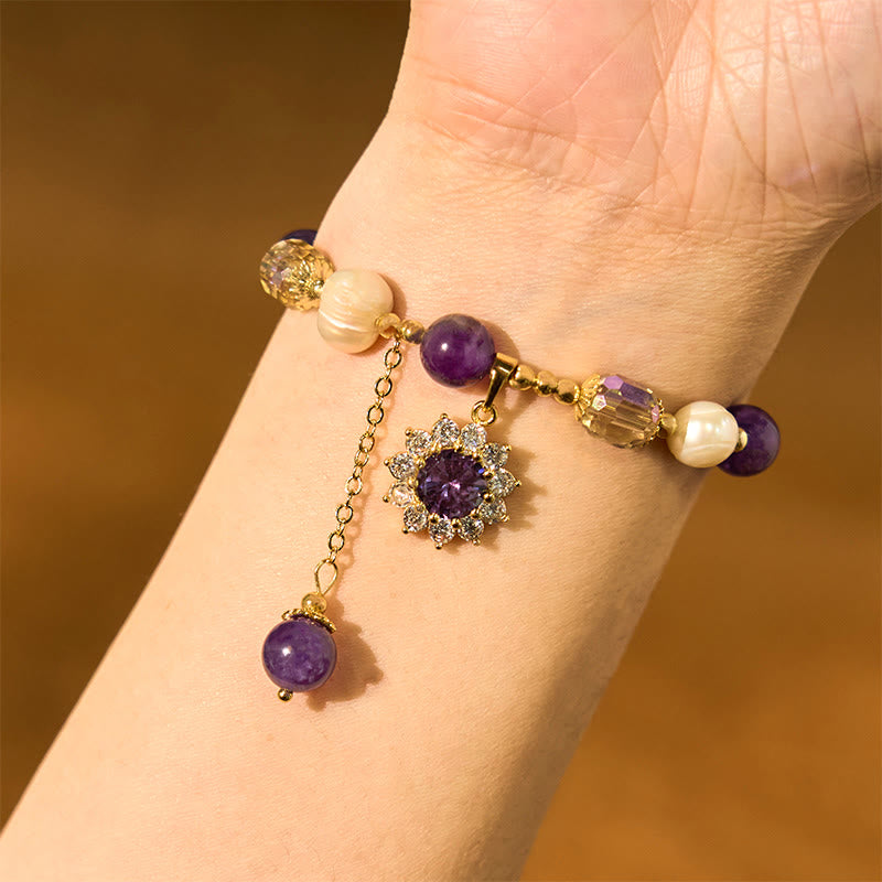 Buddha Stones天然アメジストパールひまわりコミュニケーションブレスレット