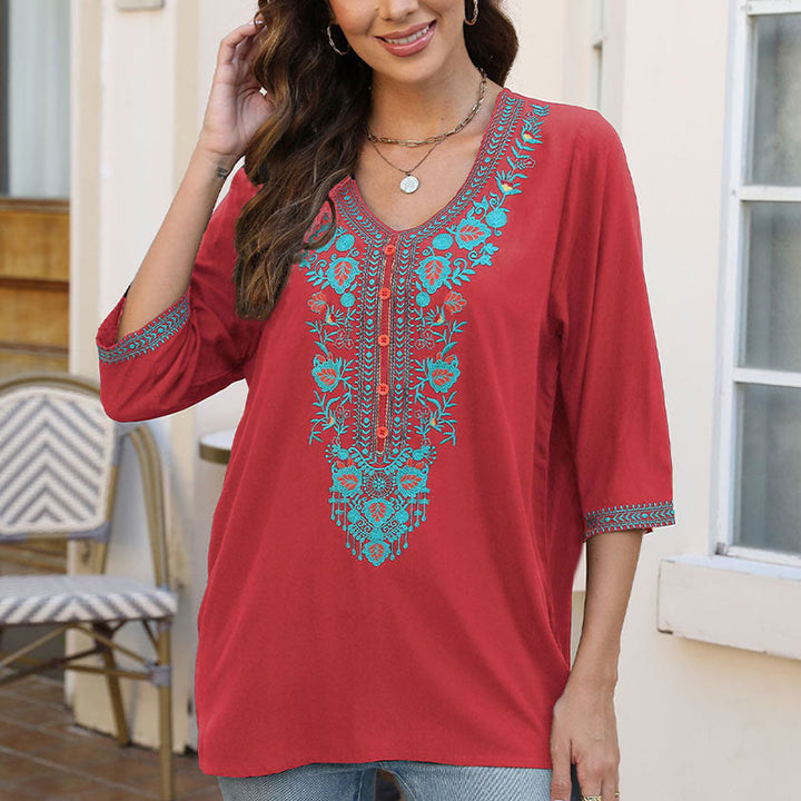 Buddha Stones夏 カジュアル 刺繍 花 葉 半袖 Vネック コットン レディース Tシャツ - image 20