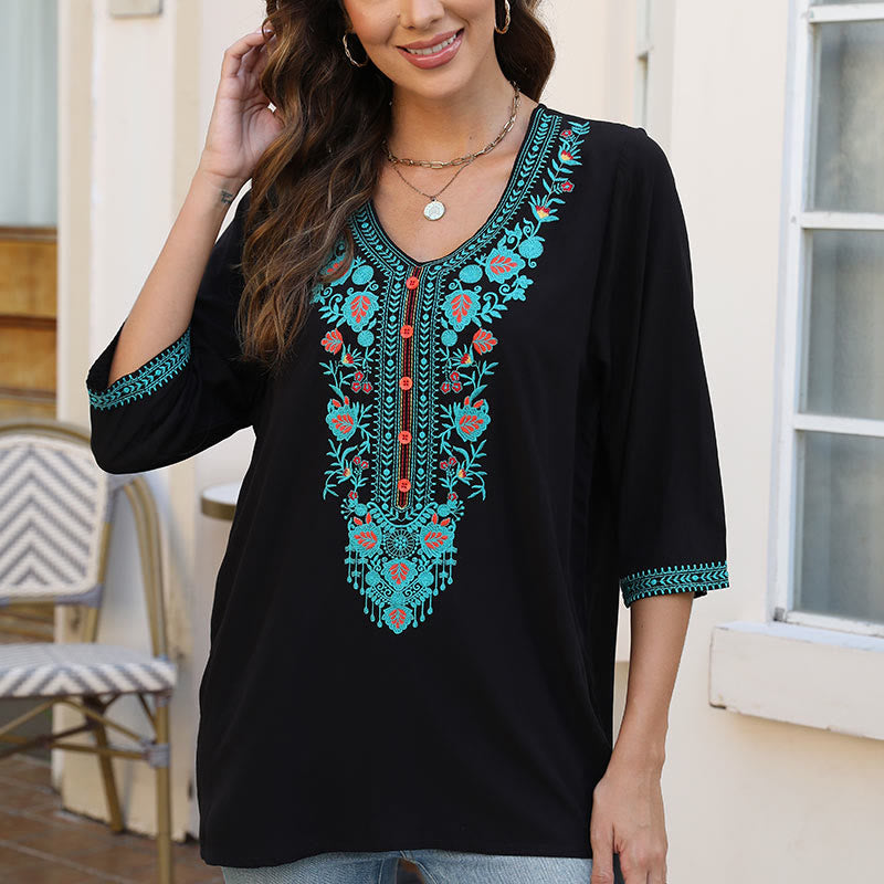Buddha Stones夏 カジュアル 刺繍 花 葉 半袖 Vネック コットン レディース Tシャツ - image 6