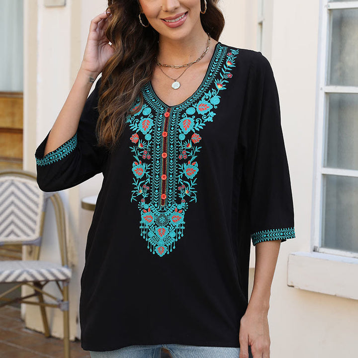 Buddha Stones夏 カジュアル 刺繍 花 葉 半袖 Vネック コットン レディース Tシャツ - image 6