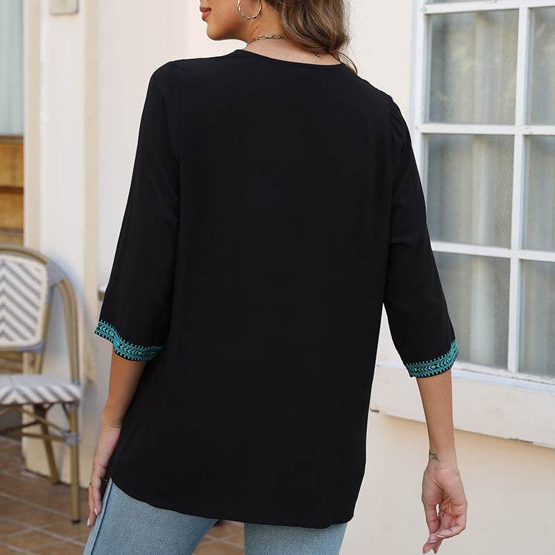 Buddha Stones夏 カジュアル 刺繍 花 葉 半袖 Vネック コットン レディース Tシャツ - image 7