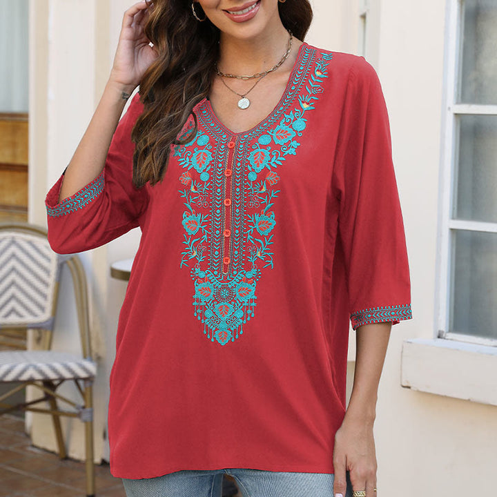 Buddha Stones夏 カジュアル 刺繍 花 葉 半袖 Vネック コットン レディース Tシャツ - クリムゾン - US12、 UK/AU16、 EU44 (3XL) - image 16