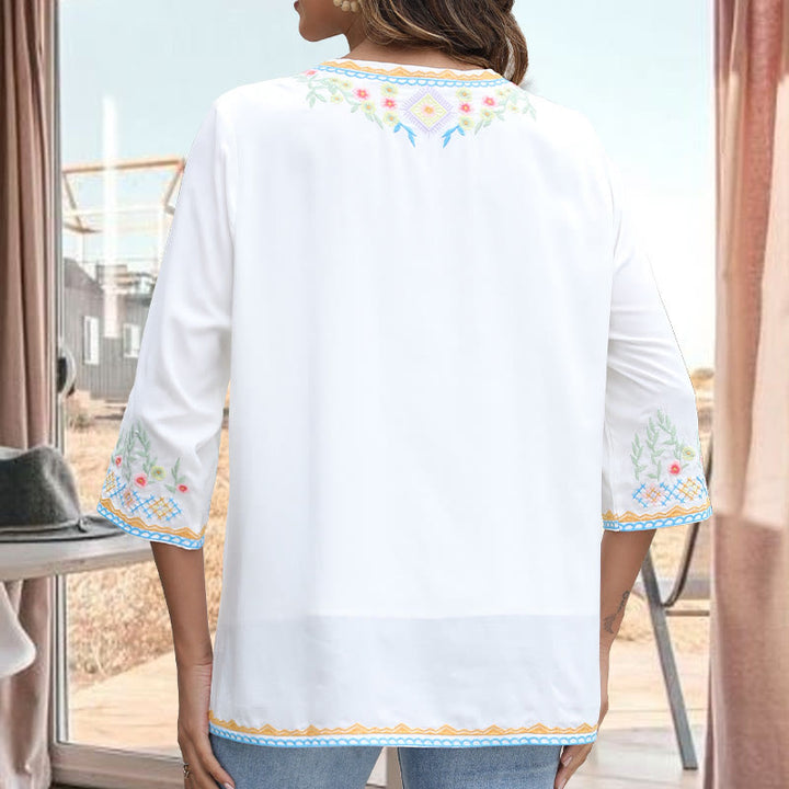 Buddha Stones春 デイリー 刺繍 花柄 長袖 Vネック コットン レディース Tシャツ