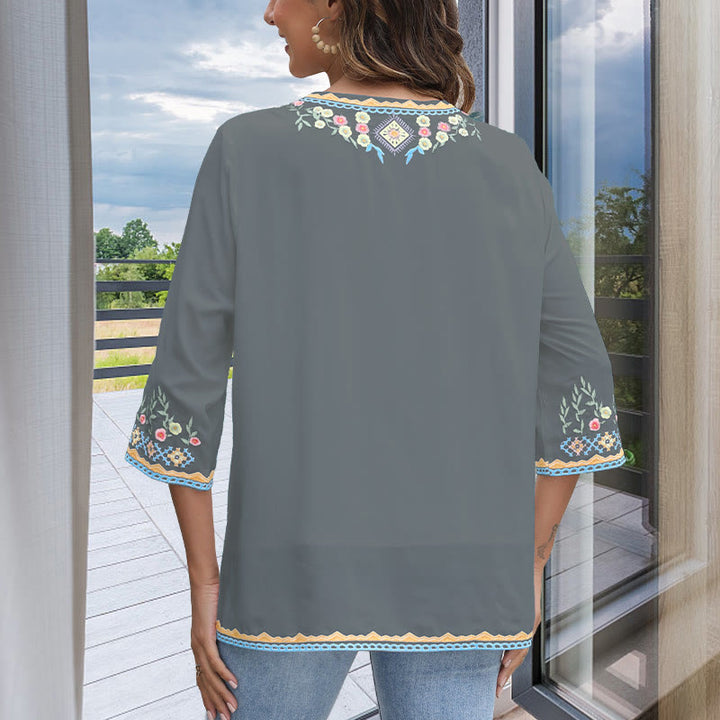 Buddha Stones春 デイリー 刺繍 花柄 長袖 Vネック コットン レディース Tシャツ - image 12