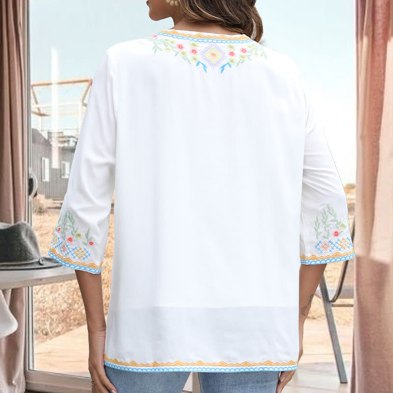 Buddha Stones春 デイリー 刺繍 花柄 長袖 Vネック コットン レディース Tシャツ - image 7
