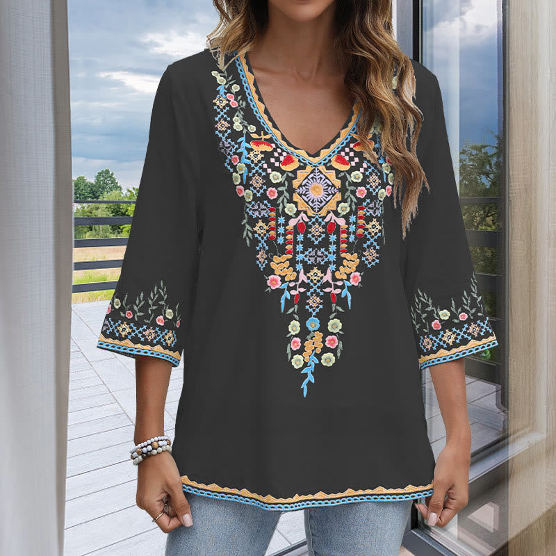Buddha Stones春 デイリー 刺繍 花柄 長袖 Vネック コットン レディース Tシャツ - image 1