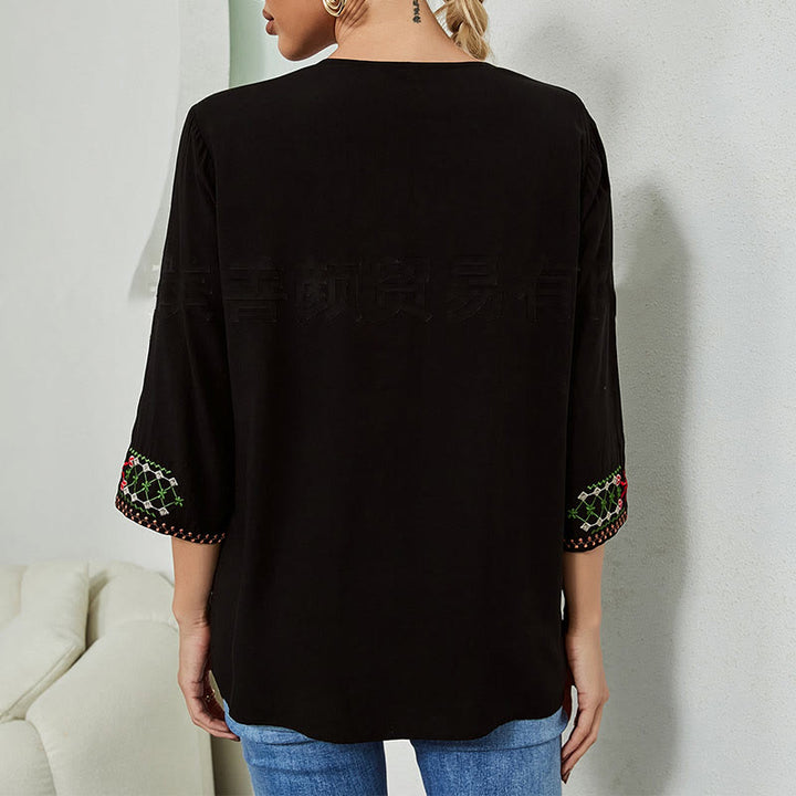 Buddha Stones夏 刺繍 花 シンプルデザイン 七分袖 Vネック コットン レディース Tシャツ