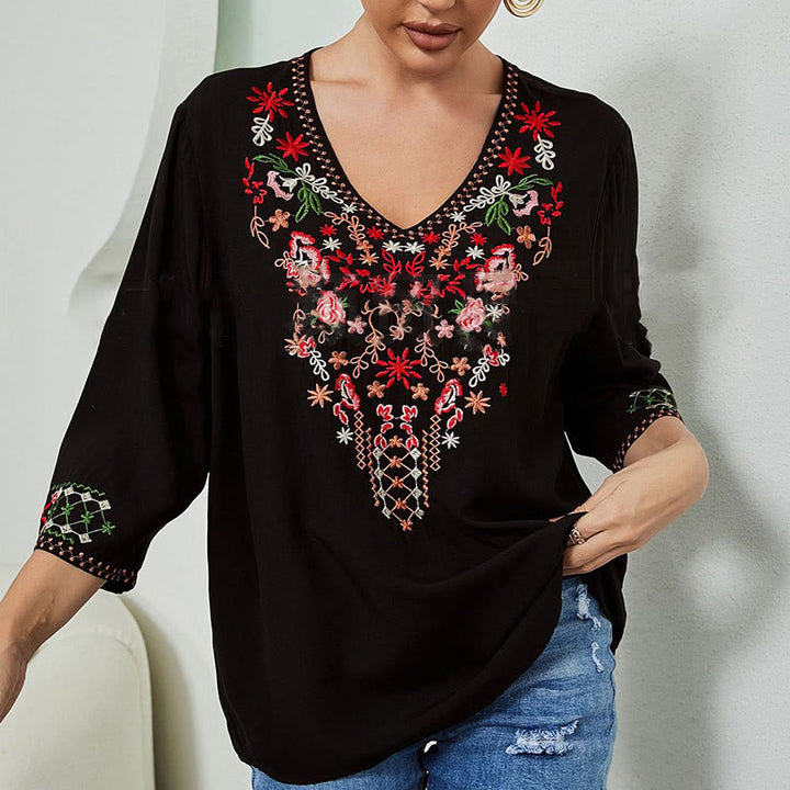 Buddha Stones夏 刺繍 花 シンプルデザイン 七分袖 Vネック コットン レディース Tシャツ