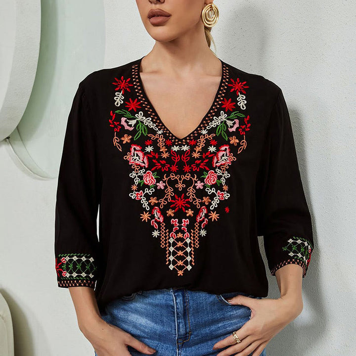Buddha Stones夏 刺繍 花 シンプルデザイン 七分袖 Vネック コットン レディース Tシャツ