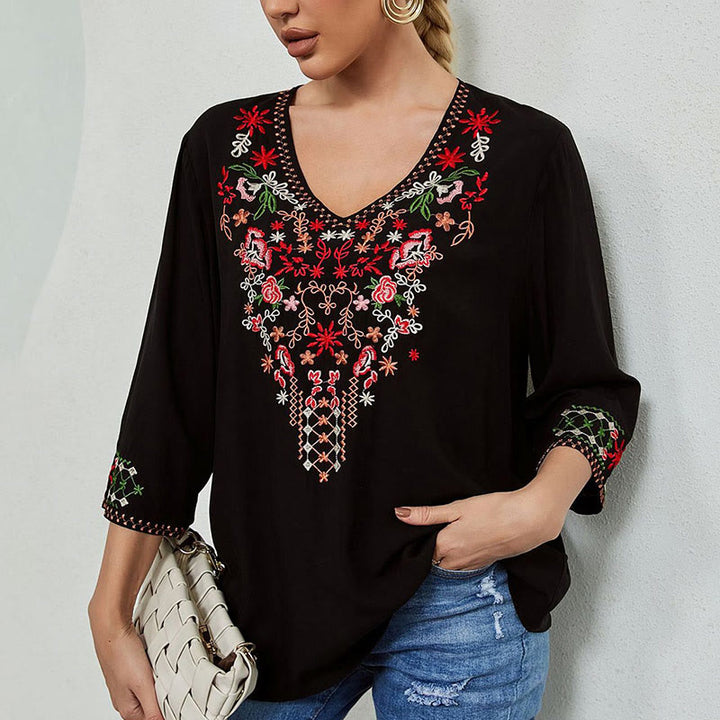 Buddha Stones夏 刺繍 花 シンプルデザイン 七分袖 Vネック コットン レディース Tシャツ
