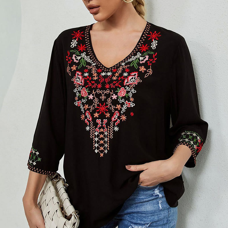 Buddha Stones夏 刺繍 花 シンプルデザイン 七分袖 Vネック コットン レディース Tシャツ