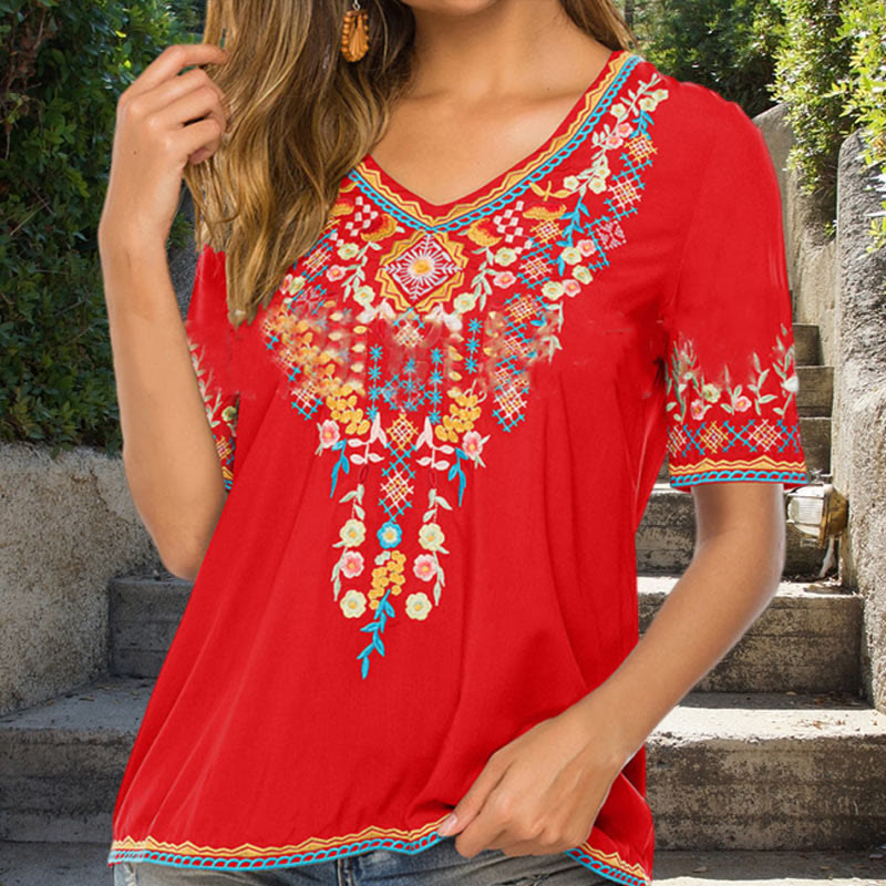 Buddha Stones刺繍フラワーデザイン半袖VネックコットンレディースTシャツ