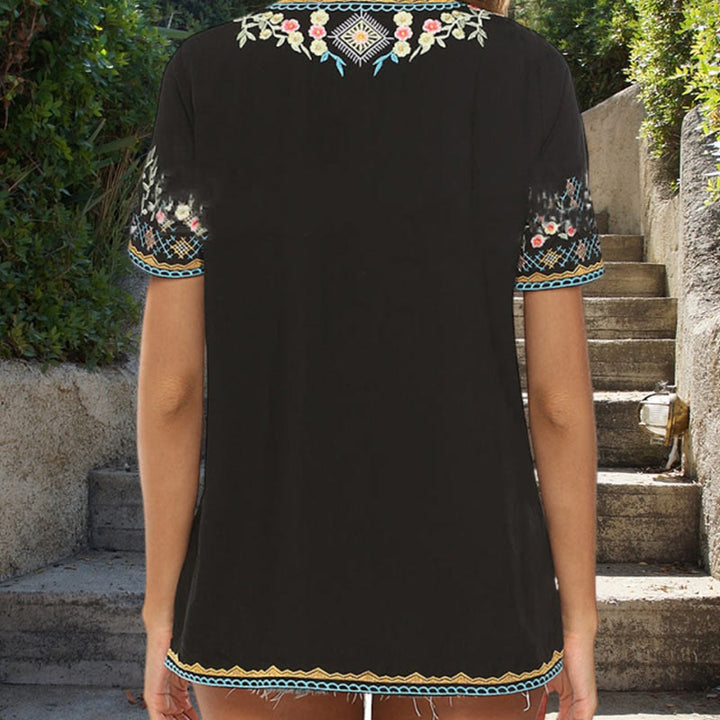 Buddha Stones刺繍フラワーデザイン半袖VネックコットンレディースTシャツ