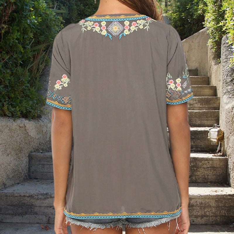 Buddha Stones刺繍フラワーデザイン半袖VネックコットンレディースTシャツ - image 2