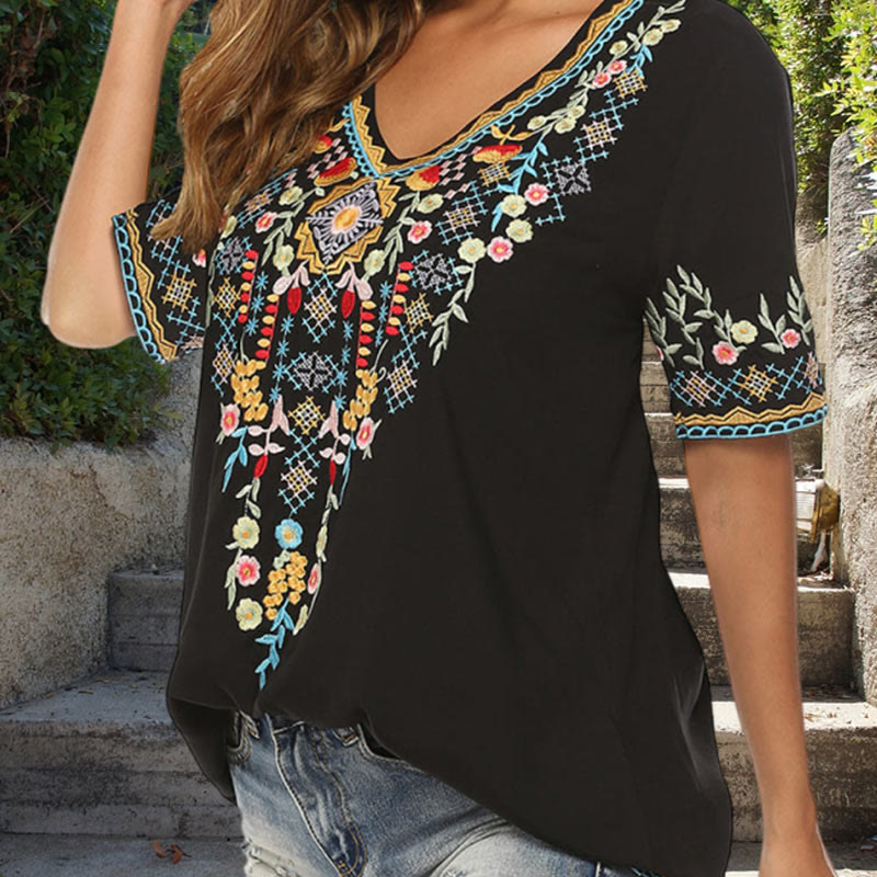 Buddha Stones刺繍フラワーデザイン半袖VネックコットンレディースTシャツ - image 12