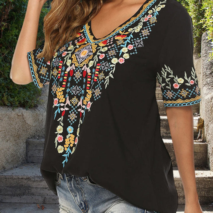 Buddha Stones刺繍フラワーデザイン半袖VネックコットンレディースTシャツ - image 12