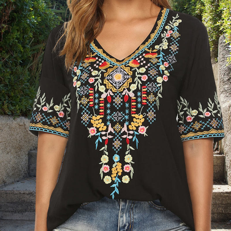 Buddha Stones刺繍フラワーデザイン半袖VネックコットンレディースTシャツ
