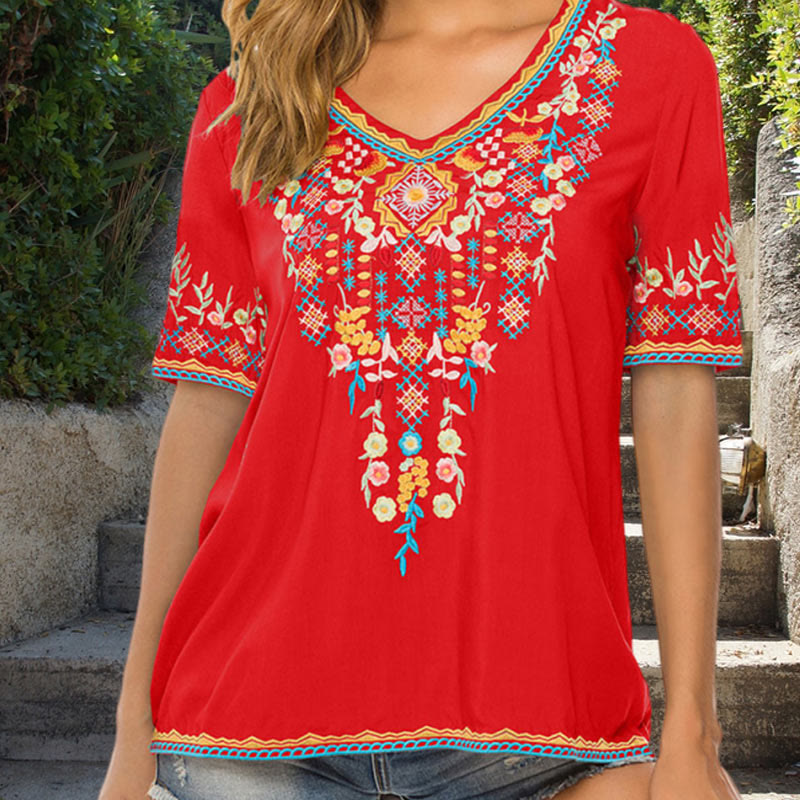 Buddha Stones刺繍フラワーデザイン半袖VネックコットンレディースTシャツ - 赤 - US12、 UK/AU16、 EU44 (3XL) - image 6