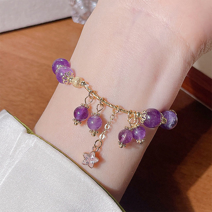 Buddha Stones天然アメジスト四つ葉のクローバー星平和ブレスレット
