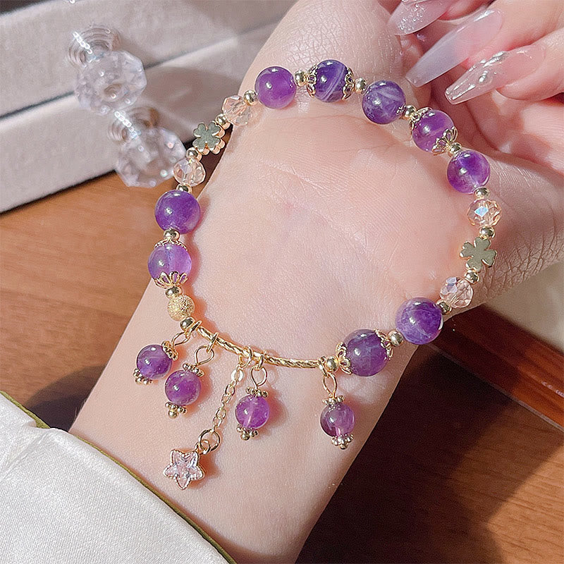 Buddha Stones天然アメジスト四つ葉のクローバー星平和ブレスレット