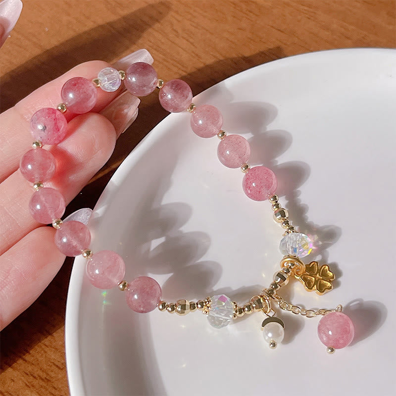 Buddha Stones天然ストロベリークォーツ 四つ葉のクローバー ヒーリングブレスレット