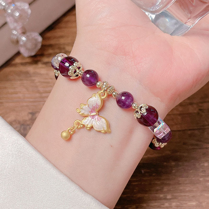 Buddha Stones天然アメジスト サンストーン バタフライ ピース ブレスレット