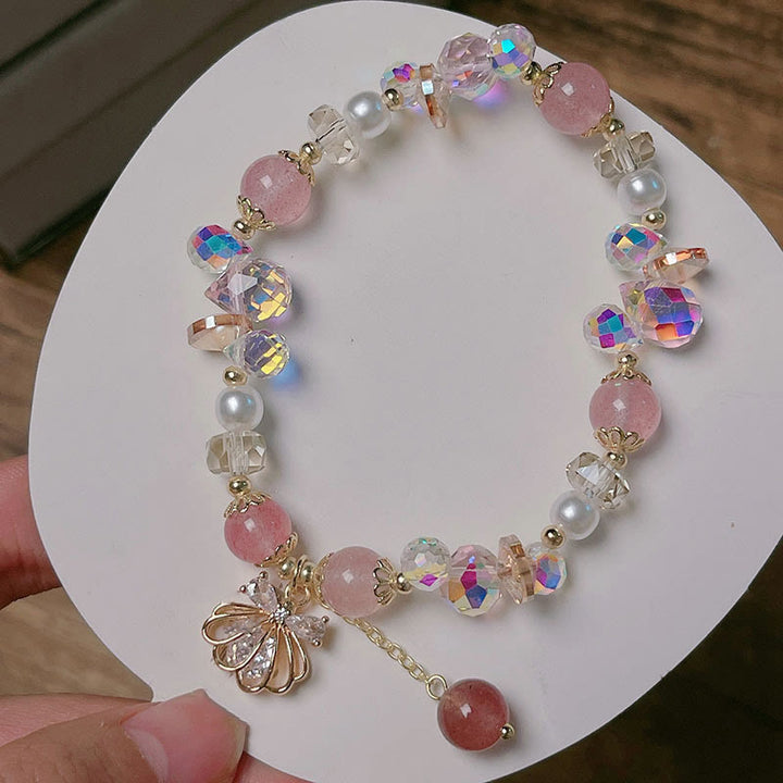 Buddha Stones天然ストロベリークォーツ パールシェル ポジティブブレスレット