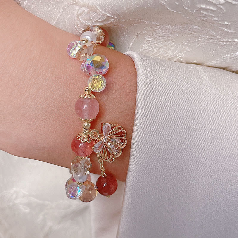 Buddha Stones天然ストロベリークォーツ パールシェル ポジティブブレスレット