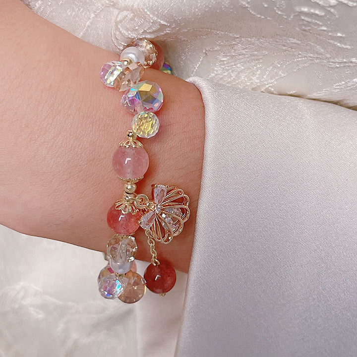 Buddha Stones天然ストロベリークォーツ パールシェル ポジティブブレスレット