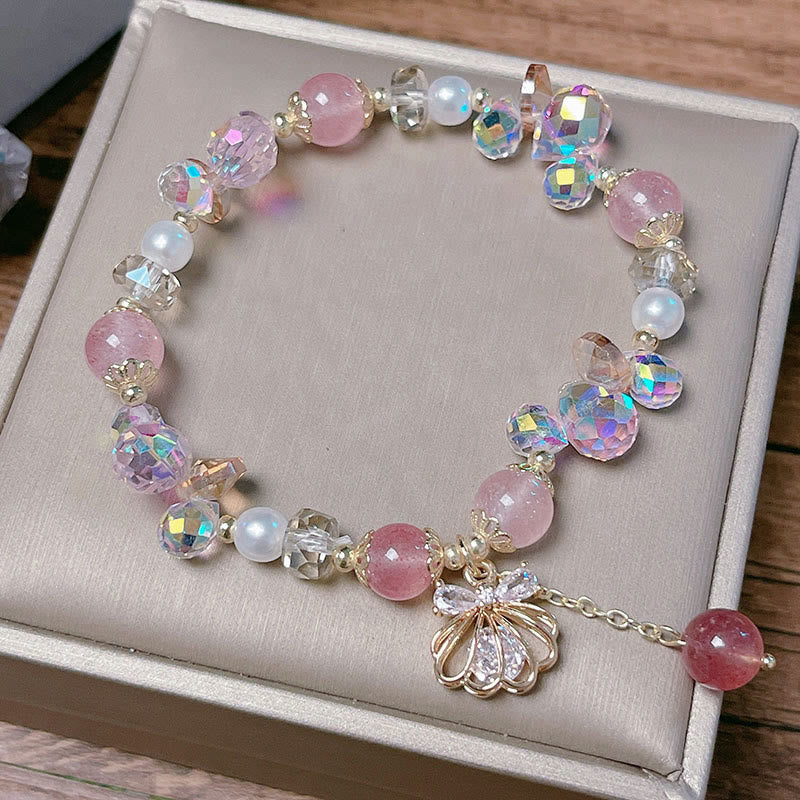 Buddha Stones天然ストロベリークォーツ パールシェル ポジティブブレスレット