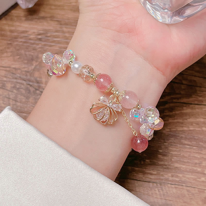 Buddha Stones天然ストロベリークォーツ パールシェル ポジティブブレスレット