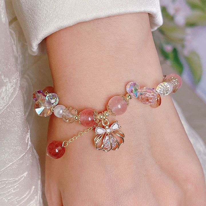Buddha Stones天然ストロベリークォーツ パールシェル ポジティブブレスレット