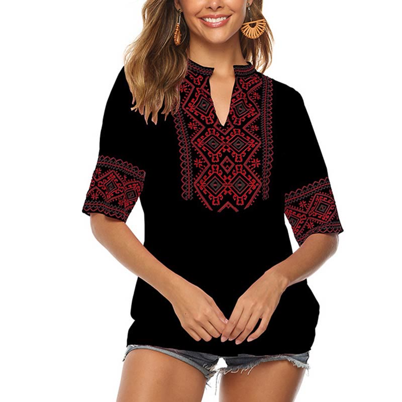Buddha Stones夏 ボヘミアン 刺繍 花柄 半袖 Vネック コットン レディース Tシャツ - 黒 - US14、 UK/AU18、 EU46 (4XL) - image 9