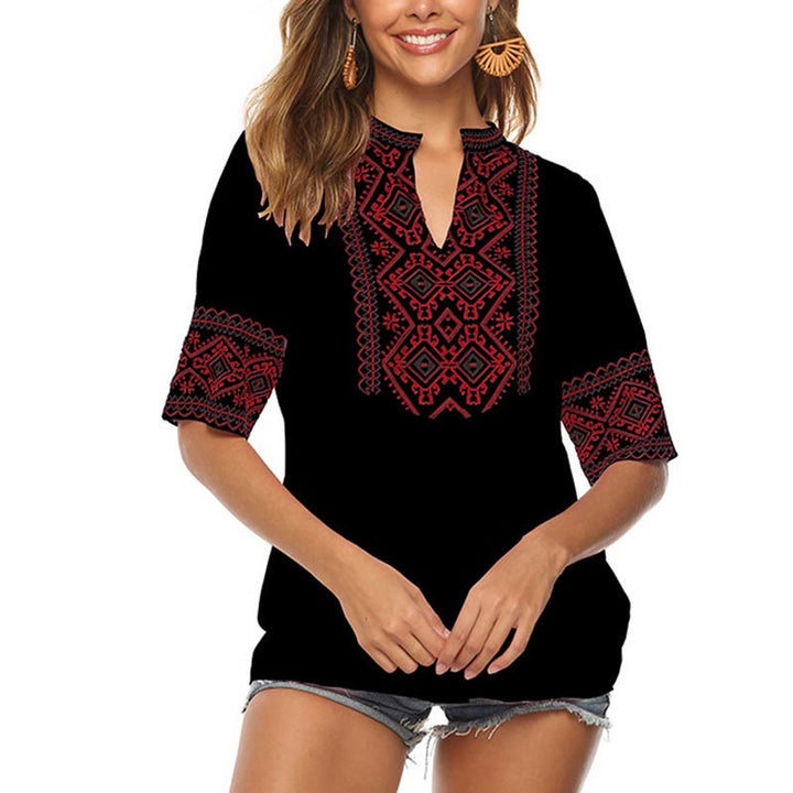 Buddha Stones夏 ボヘミアン 刺繍 花柄 半袖 Vネック コットン レディース Tシャツ - 黒 - US14、 UK/AU18、 EU46 (4XL) - image 9