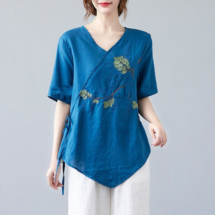 Buddha Stones夏 カジュアル エスニック 刺繍 花 レースアップ 半袖 Vネック コットン リネン レディース Tシャツ - image 4