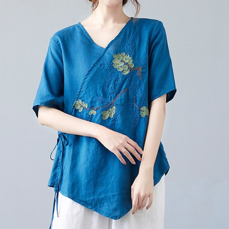 Buddha Stones夏 カジュアル エスニック 刺繍 花 レースアップ 半袖 Vネック コットン リネン レディース Tシャツ - image 7
